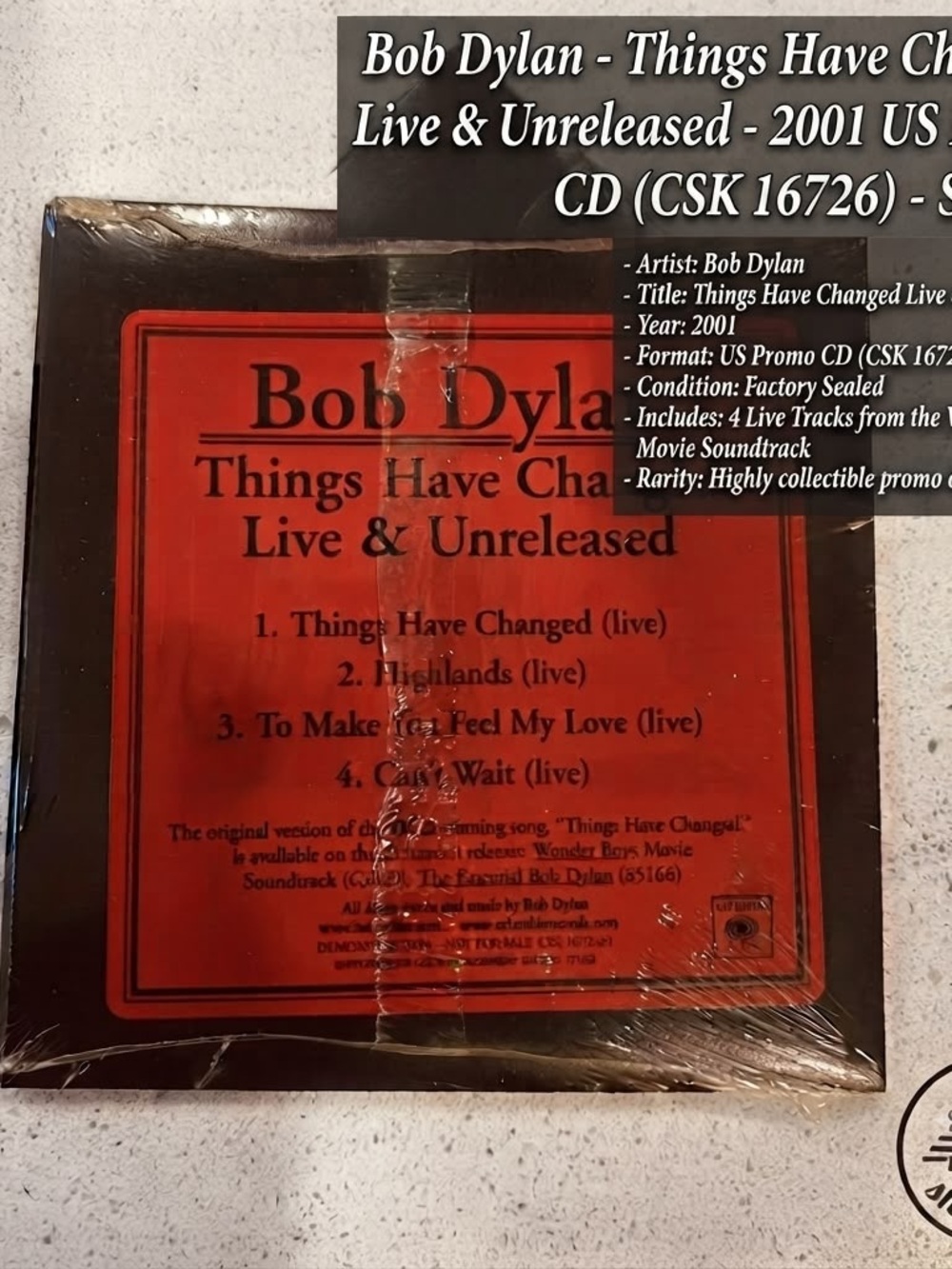 Bob Dylan Things Have Changed Live & Unreleased 4-Track CD US Promo CSK 16726